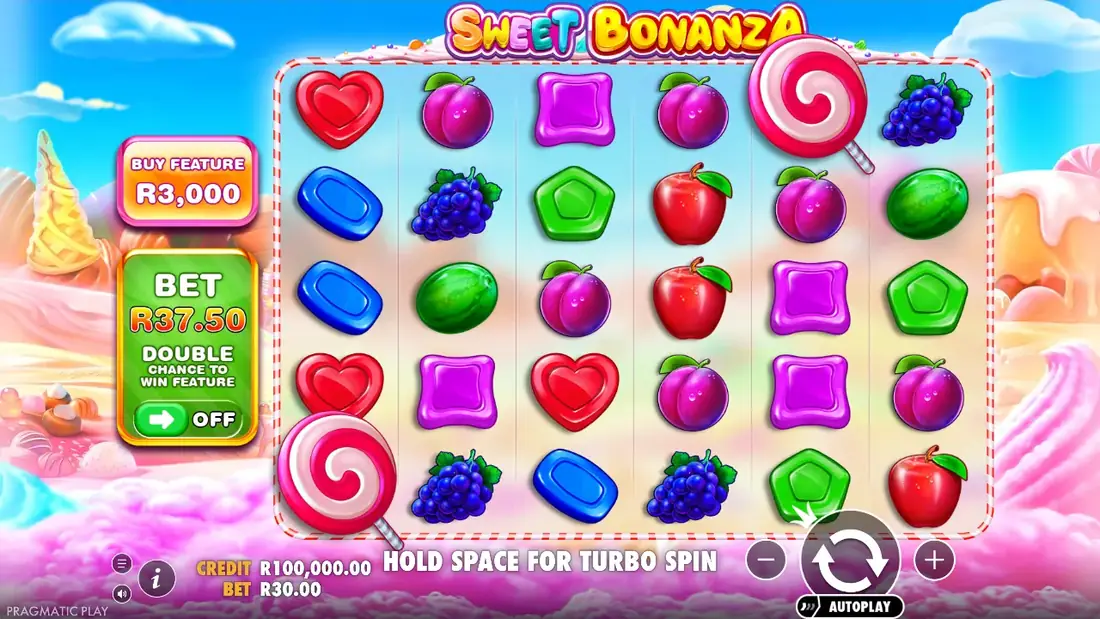 Sweet Bonanza base game grid in demo mode